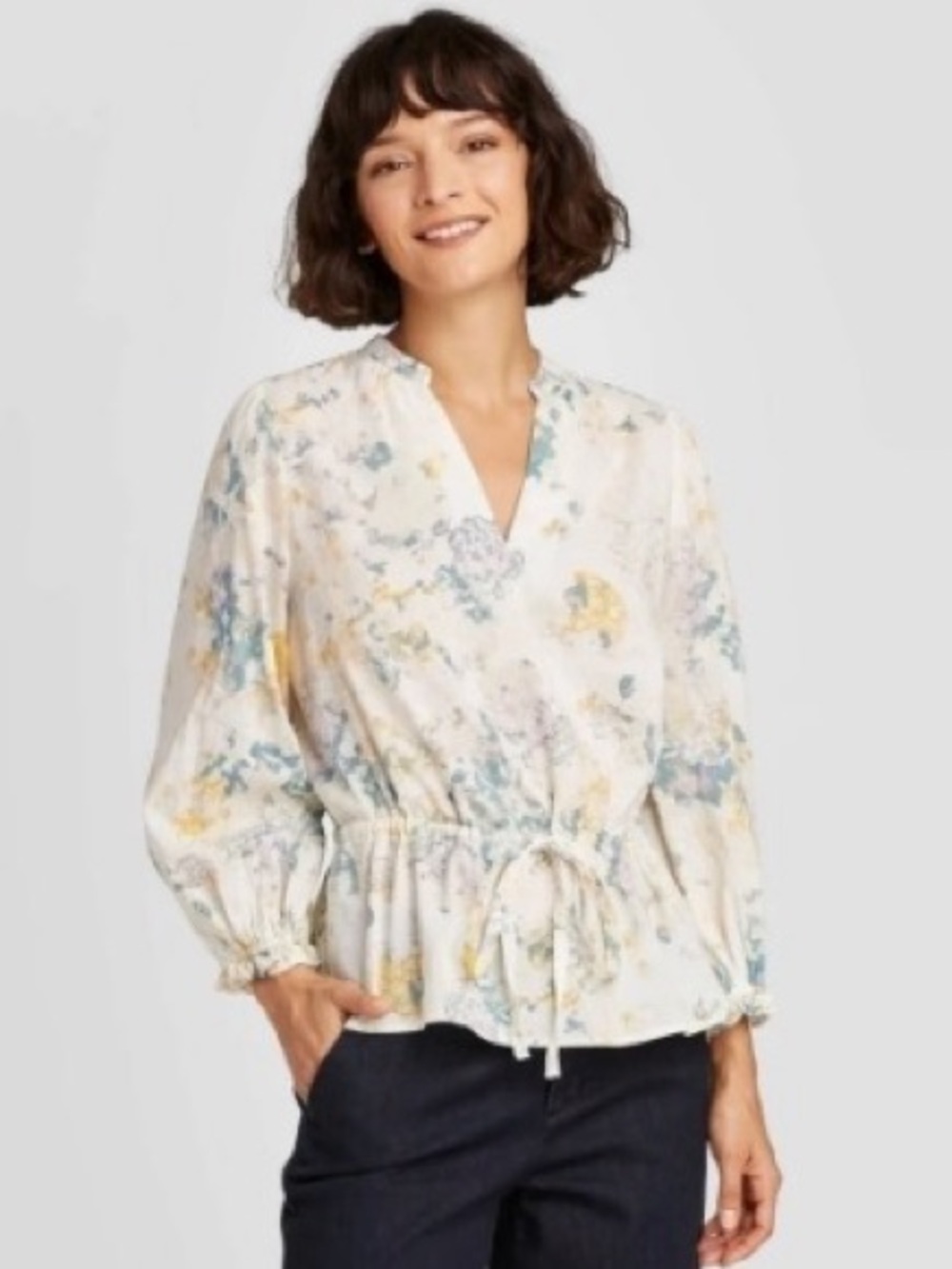 A New Day Watercolor Floral Print Balloon Sleeve Drawstring Blouse